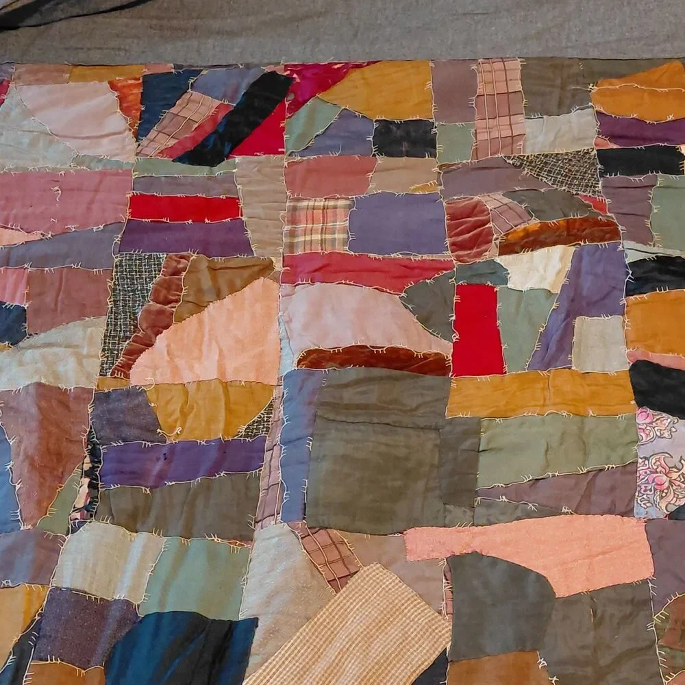 Vtg Handmade Crazy Quilt Early 20th Century Velvet Satins Heavy 78x74 Read